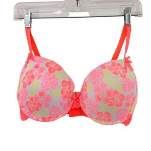 XOXO Floral Lace Bra 36D Neon Coral Pink Tropical Print